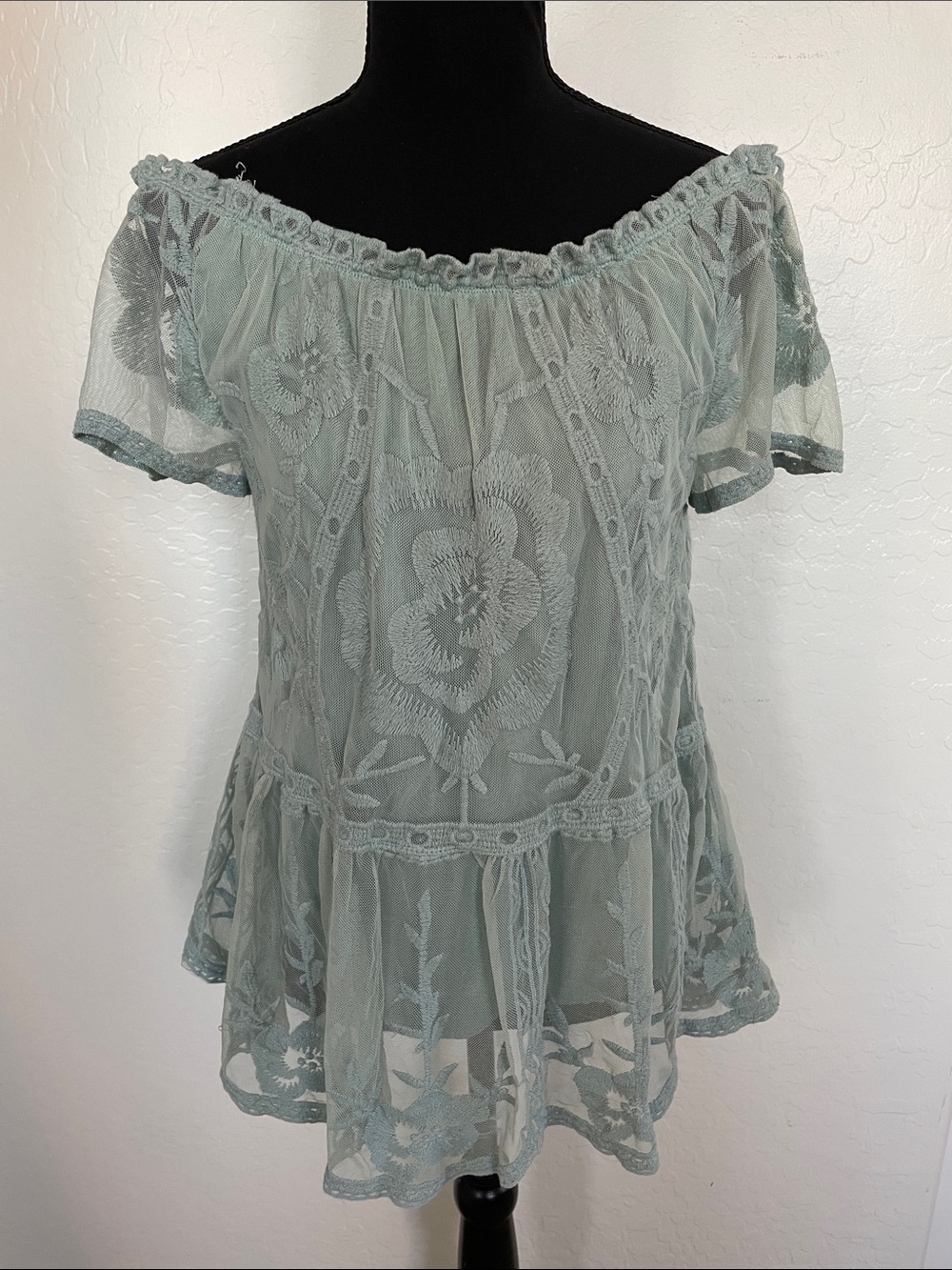 entro Sage Green Off-Shoulder Embroidered Tunic